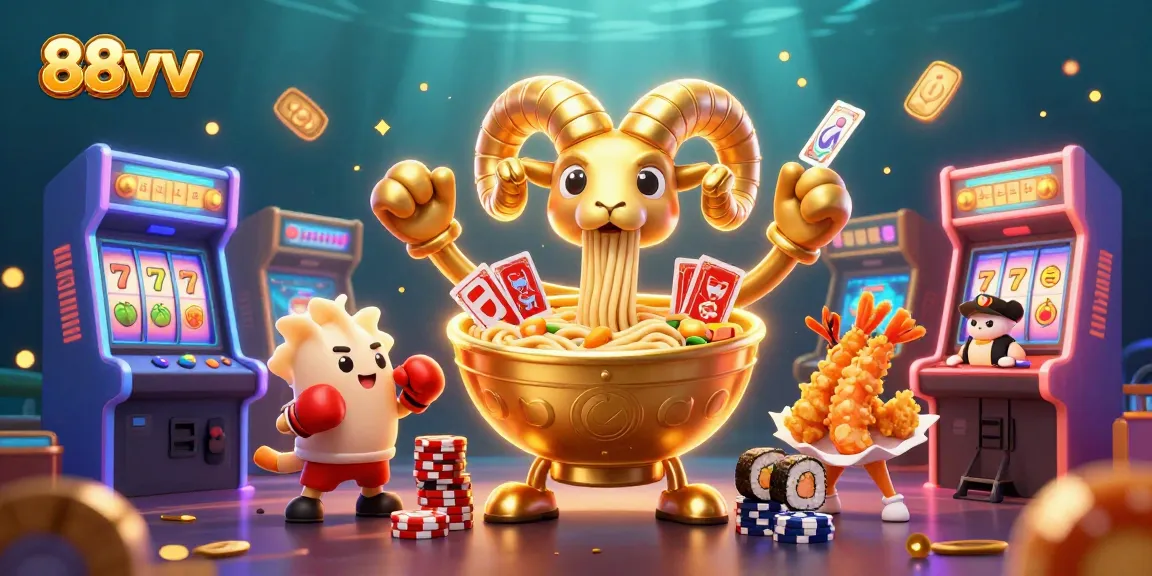 88vv showcases a vibrant casino scene with a giant ramen bowl dealer surrounded by fun game elements.