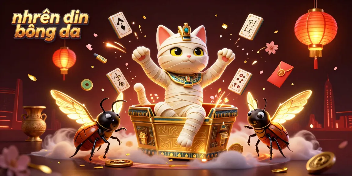 Enhance your nhận định bóng đá skills with a dynamic scene of an Egyptian mummy cat among casino elements.