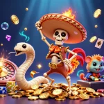 Experience thrilling gameplay at 789P as a 3D mariachi rooster celebrates winnings among cascading coins in a vibrant casino scene.