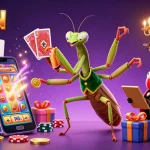 Engage with 98WIN's vibrant casino scene featuring a giant mantis card sharp dealing cards among flashing slot game icons and gold coins.