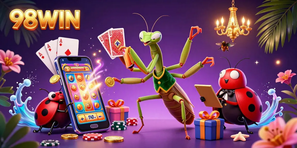 Engage with 98WIN's vibrant casino scene featuring a giant mantis card sharp dealing cards among flashing slot game icons and gold coins.