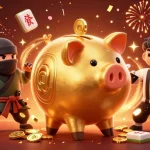 Exciting mv8899 casino scene featuring a sumo wrestler and ninja amidst festive elements.