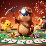 Win big at TR88 Casino, featuring a treasure hunter mole and poker elements in an energetic scene.